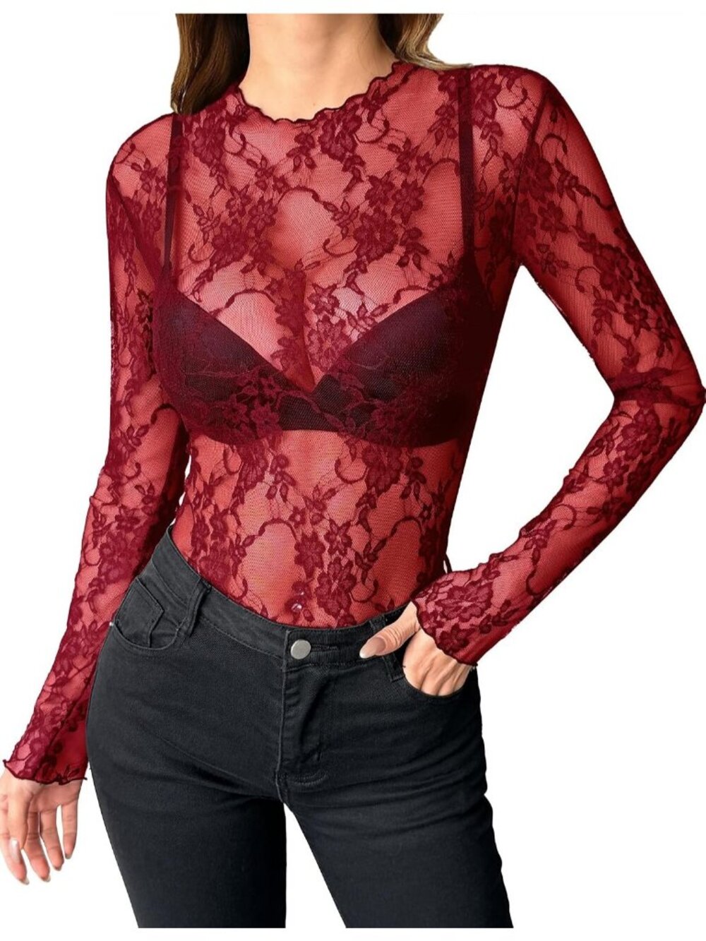 Women's Sheer Mesh Long Sleeve Mock Neck Top Sexy Clubwear Blouse S-XXL-Wine Red